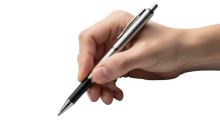 Hand holding a silver pen ready to write