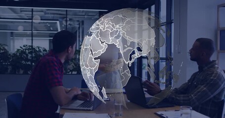 Speaker gesturing in business meeting 3D globe growing and rotating illustrating global strategy - Powered by Adobe