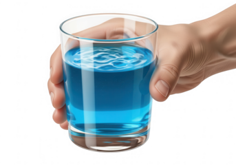 Hand holding a glass of blue liquid, showcasing its vibrant color and clarity