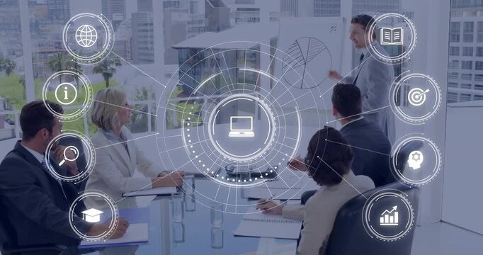 Presenter picking marker drawing pie chart HUD rings rotating linking icons for business analysis