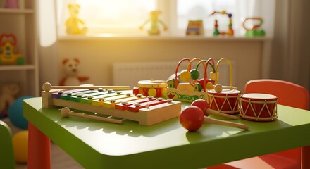 Colorful toys on a green table in a bright playroom setting.
