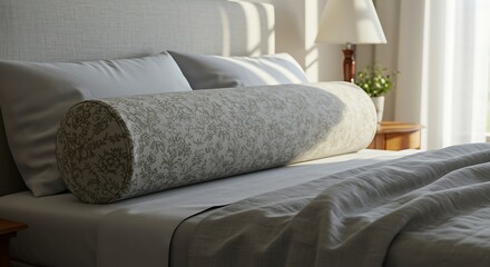 Cozy Bedroom Interior with Bolster Pillow and Soft Bedding.