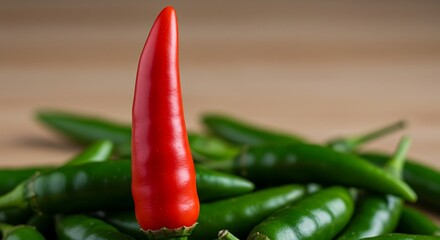 A Single Red Chili Pepper Stands Out Among a Pile of Green Chili Peppers.