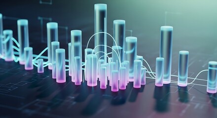 Abstract Data Visualization - Glowing Cylinders and Connected Lines.