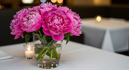 Elegant Pink Peony Bouquet Centerpiece on a Restaurant Table.