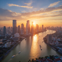 Obraz premium The evening city glimmers beneath a blueish orange sky where tall buildings rise beside a flowing river wrapped in serene atmosphere birdview landscape aesthetic photo