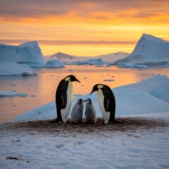 Emperor penguin family with two chicks at sunset in Antarctica.