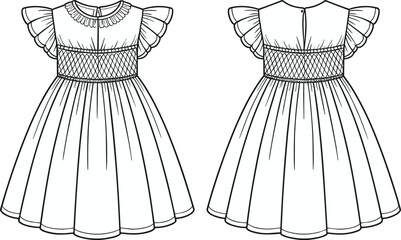 Elegant girls dress fashion flat sketch, smocked bodice, puff sleeves, ruffle collar, technical garment drawing, sewing pattern, children clothing design