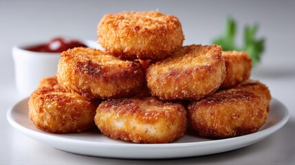 Golden brown crispy chicken nuggets piled high on a white plate with a small dish of ketchup in the background soft focus studio lighting