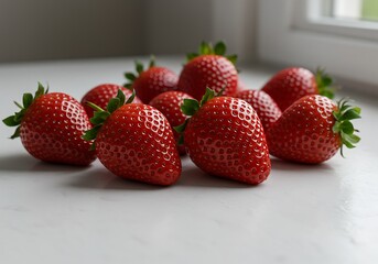 Fresh Strawberries on a White Countertop Near a Window.