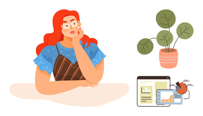 Woman resting chin on hand in thoughtful expression, next to digital and physical documents, graphs, and potted plant. Ideal for strategy, analysis, creativity, planning, development