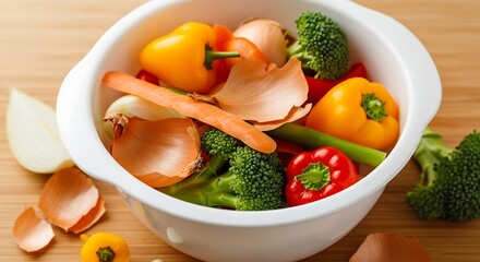 Fresh Vegetable Scraps and Peelings in a Bowl for Composting.