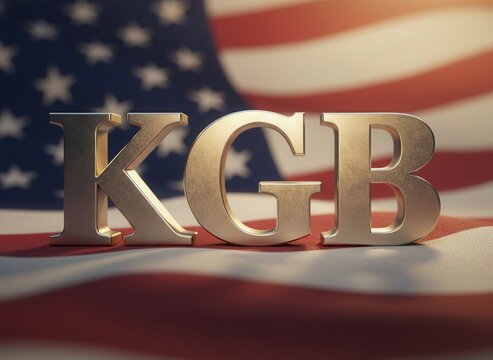Symbolic Representation of KGB Against American Flag Background