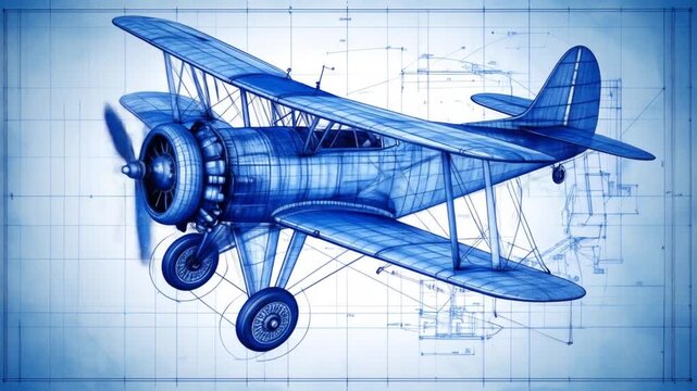 Vintage Biplane Blueprint Design With Rotating Propeller On Blueprint Paper Background Detailed Sketch