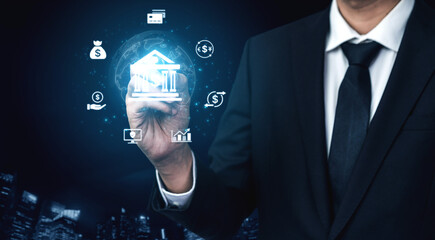 Concept of digital banking and global financial services. A network of secure online transactions, currency exchange, and money management for the international economy. Fermion