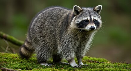 Fototapeta premium Captivating portrait of a curious raccoon amidst lush greenery in a natural habitat