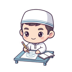 Cute Muslim Boy Drawing & Learning at Desk. Chibi Cartoon Illustration for Islamic Education.