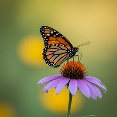 Monarch Butterfly Perched on a Vibrant Purple Coneflower in a Sunny Garden.