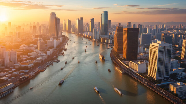 This elegant sunset image shows tall glowing towers and a calm river embraced by a gentle blueish orange twilight sky  birdview landscape aesthetic photo