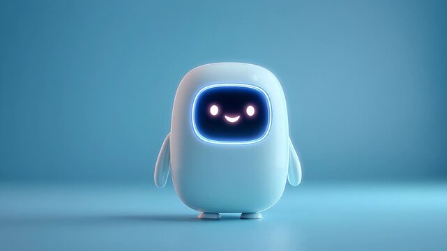 A cute robot android character mascot with blue glossy rounded body, glowing neon face, smiling friendly companion vibe, minimal 3d cartoon design, soft lighting, futuristic style loop animation