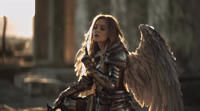 Angelic warrior with a sword in a mystical, golden landscape with ai generated