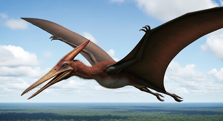 Pterodactyl Flying Over Lush Green Landscape Under a Cloudy Sky.