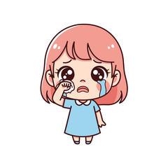 Obraz premium Cute chibi cartoon girl crying, wiping tears with tissue, expressing sadness and emotional distress.