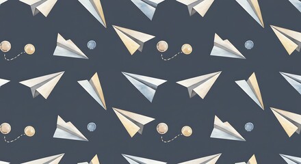 Seamless Pattern of Origami Paper Airplanes Flying Against a Dark Background.