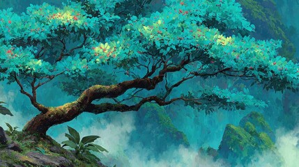 Serene Vista A Tranquil Tree Overlooking a Mystical Mountain Range in Dreamy Turquoise Hues