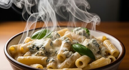 Steaming Rigatoni Pasta with Creamy Sauce and Basil Garnish.