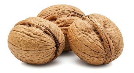 Three whole walnuts in their shells, isolated on a clean white background, showcasing their natural texture and color.