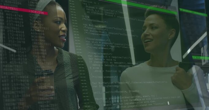Developers walking hallway holding coffee, explaining refactoring code, generating digital overlay