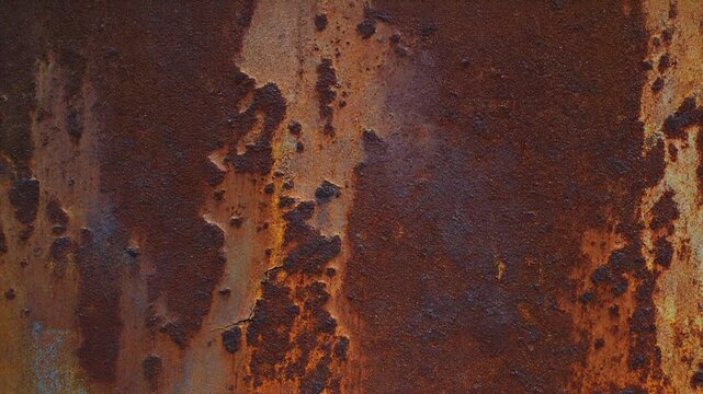 Close-up of a rusted metal surface texture with abstract patterns and varying colors, including orange, brown, and turquoise. Showing details of corrosion and material degradation, cocoe