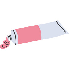 A tube of pink paint squeezed onto a white surface with a light blue section on the tube and a white cap isolated on a transparent background