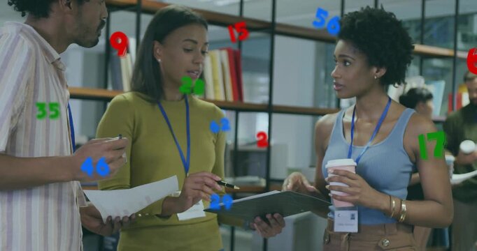 Office colleagues reviewing docs, woman pointing clipboard animating graph, coffee sipper leaving