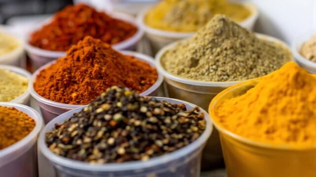 Assortment Of Vibrant Ground Spices In Clear Plastic Containers In Natural Light