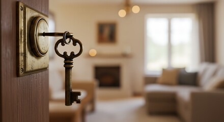 Key in Doorway Reveals Cozy Living Room Interior.