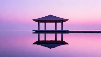 A serene pavilion on a calm lake at twilight with a perfect reflection in the water