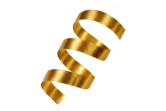 Golden curly ribbon streamer on transparent background, celebrating festive party events, bright shimmering decoration element