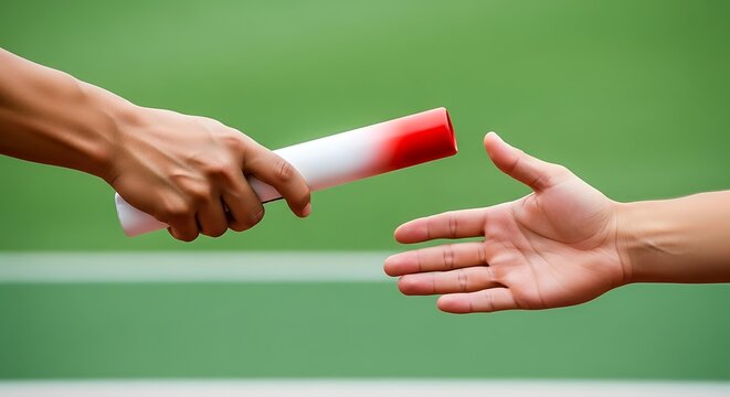 Passing the Baton: A close-up shot capturing a critical moment in a relay race, where one runner passes the baton to their teammate, symbolizing collaboration and the seamless transfer of effort.
