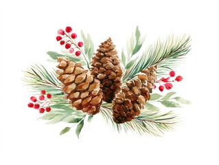 Fototapeta premium Watercolor illustration of pinecones and berries on a white background