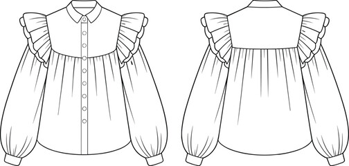 Women&rsquo;s blouse fashion flat sketch, long puff sleeves with button cuffs, ruffle yoke detail, loose silhouette, garment construction technical illustration