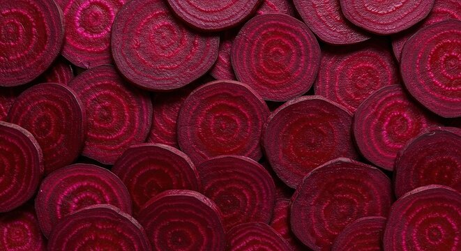 Close-up of vibrant red beet slices artfully arranged to create an appealing, rustic background texture, showcasing natural freshness and color ,wholefood ,farming ,garden