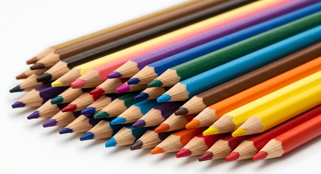 A Vibrant Assortment of Sharpened Colored Pencils Arranged in a Diagonal Pattern.