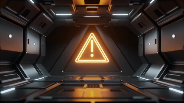 Pulsing neon warning triangle in cyber environment referencing AI Act High-Risk System Warning