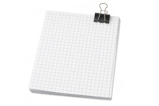 Stack of white graph paper sheets held by a black binder clip, stationery item for notes, education, office concepts on transparent background