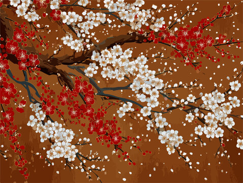 Branches fleuries de cerisier aux couleurs vives sur fond abstrait marron.