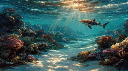 Sunlight filtering through ocean waters illuminates a vibrant coral reef with a shark swimming gracefully above