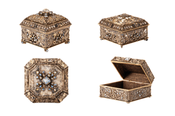 a collection of four ornate boxes with pearls