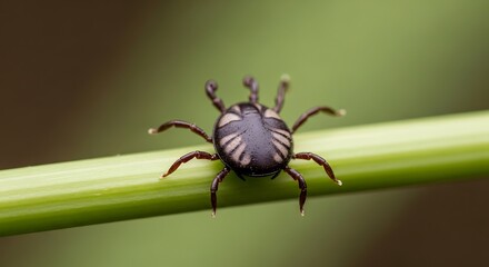 Fototapeta premium Close-up of a tick on a green plant stem in nature.
